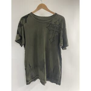 Affliction Los Angeles Army Green Cotton Shirt Skull Wings Size X Large